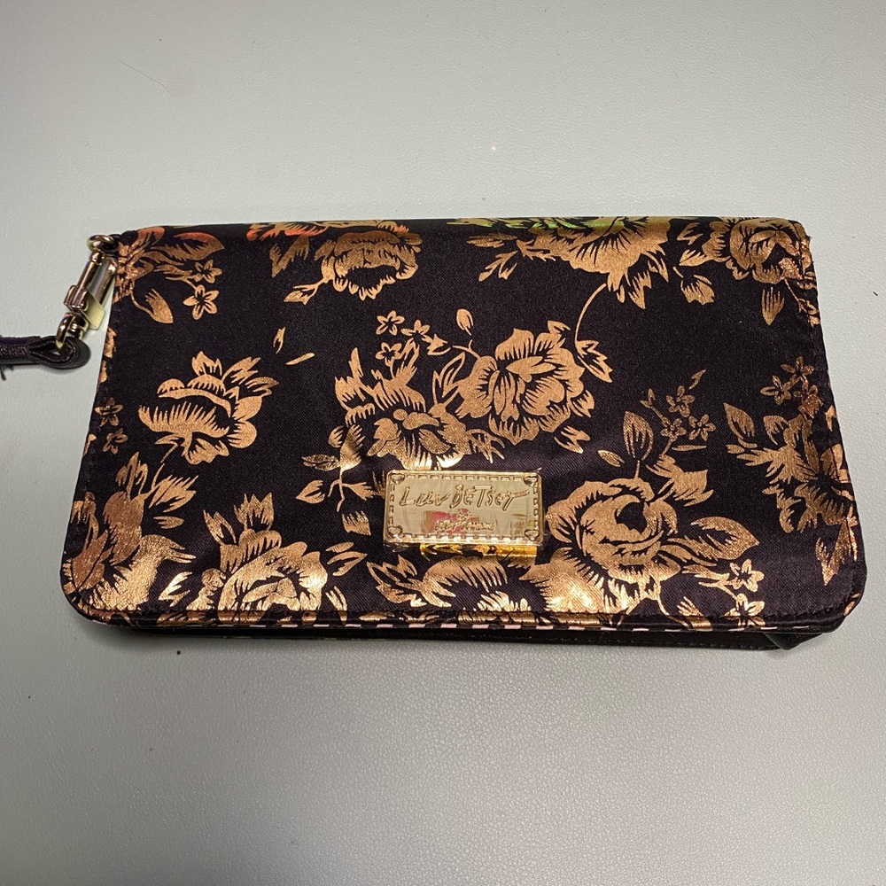 betsey Johnson black with gold flower wristlet